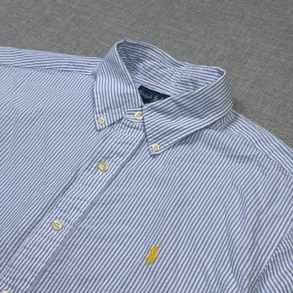 Ralph Lauren Seersucker Button-Down Shirt Mens M White Blue Striped Short Sleeve